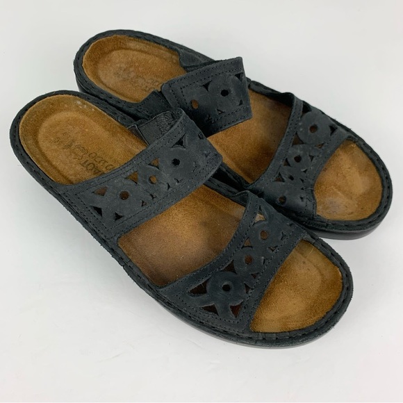 NAOT Black Suede Double Strap Filigree Lasercut Slip On Slide Sandals 40 - Picture 7 of 14